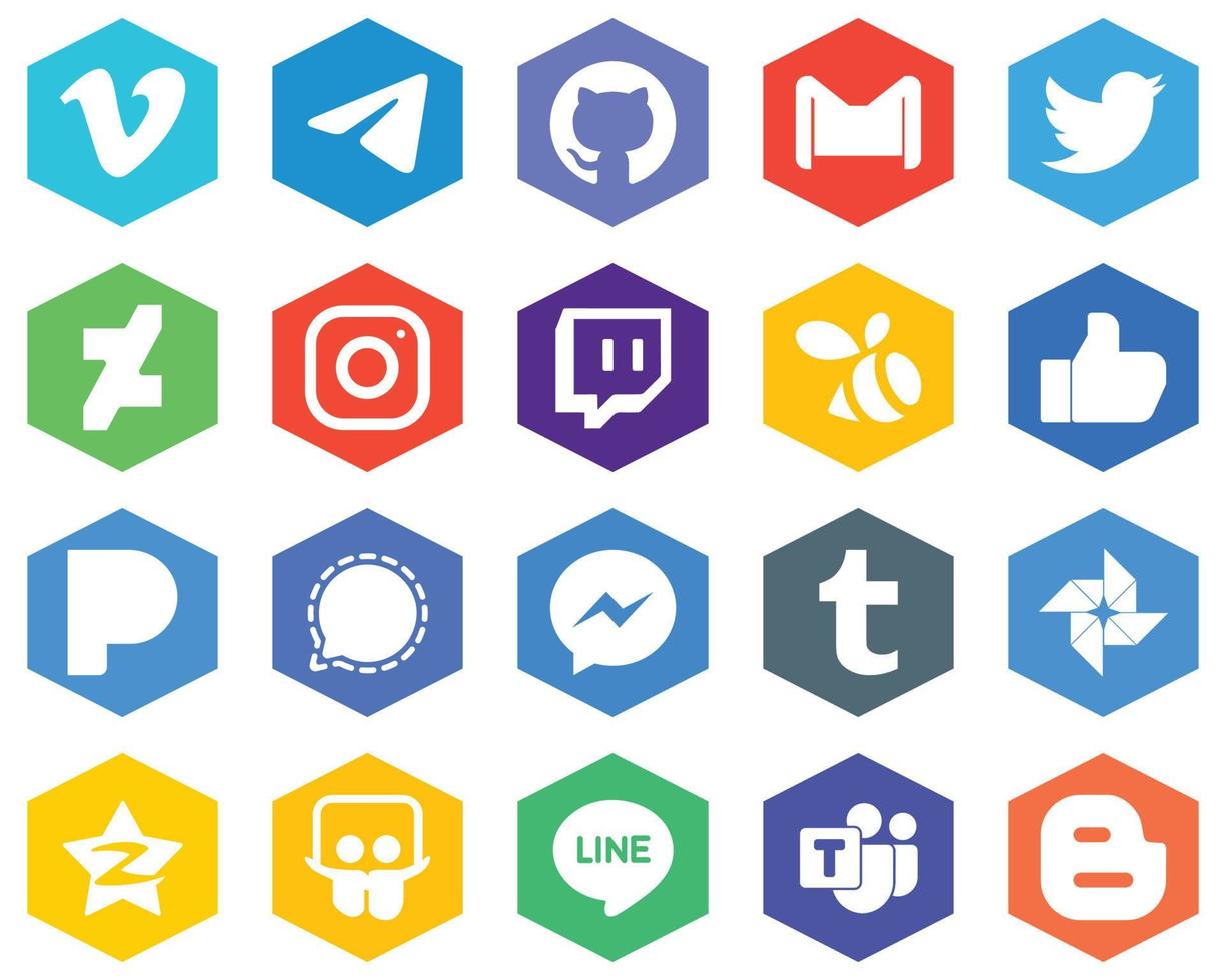 20 Fresh White Icons like. twitch. mail and instagram Hexagon Flat Color Backgrounds vector