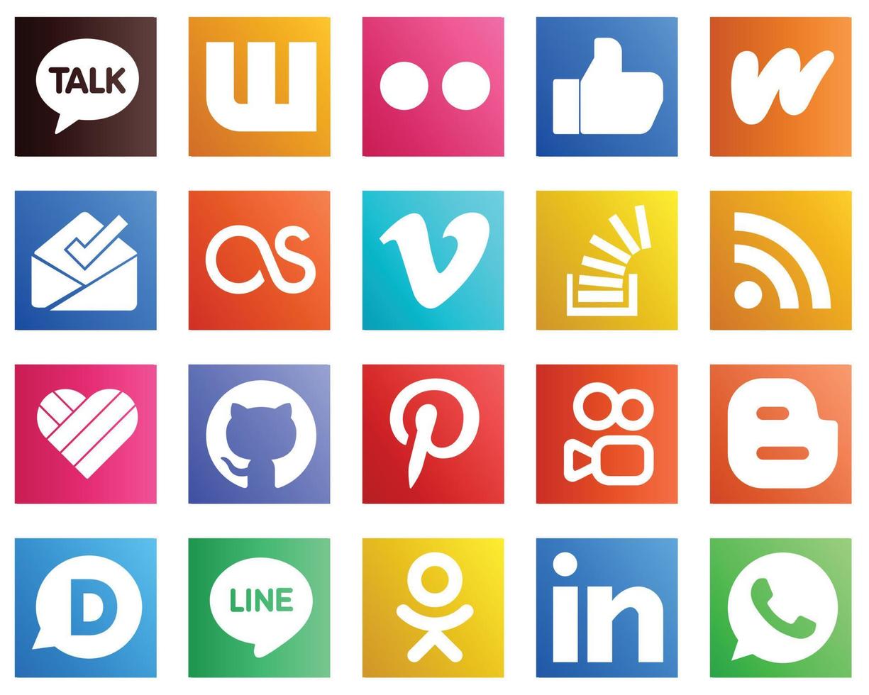 todo en un icono de redes sociales establece 20 iconos como feed. Desbordamiento. bandeja de entrada. iconos de stock y stockoverflow. alta definición y único vector