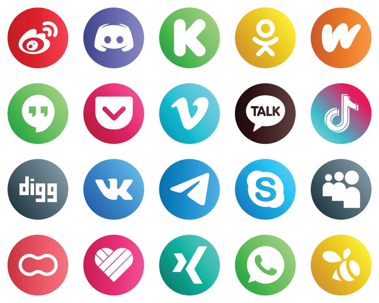 20 elegantes íconos de redes sociales como kakao talk. vimeo pedal de arranque. iconos de bolsillo y literatura. totalmente personalizable y de alta calidad vector