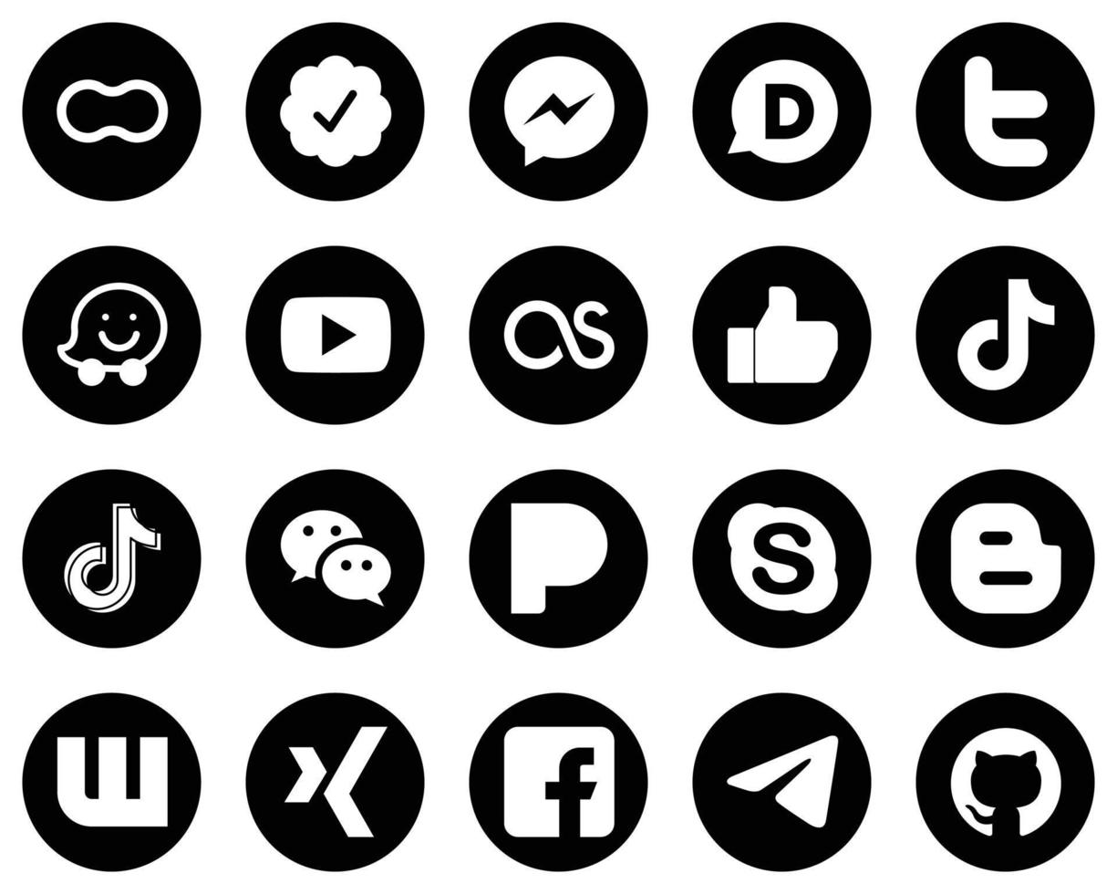 20 íconos personalizables de redes sociales en blanco sobre fondo negro, como douyin. Facebook. gorjeo. me gusta e iconos de video. limpio y minimalista vector