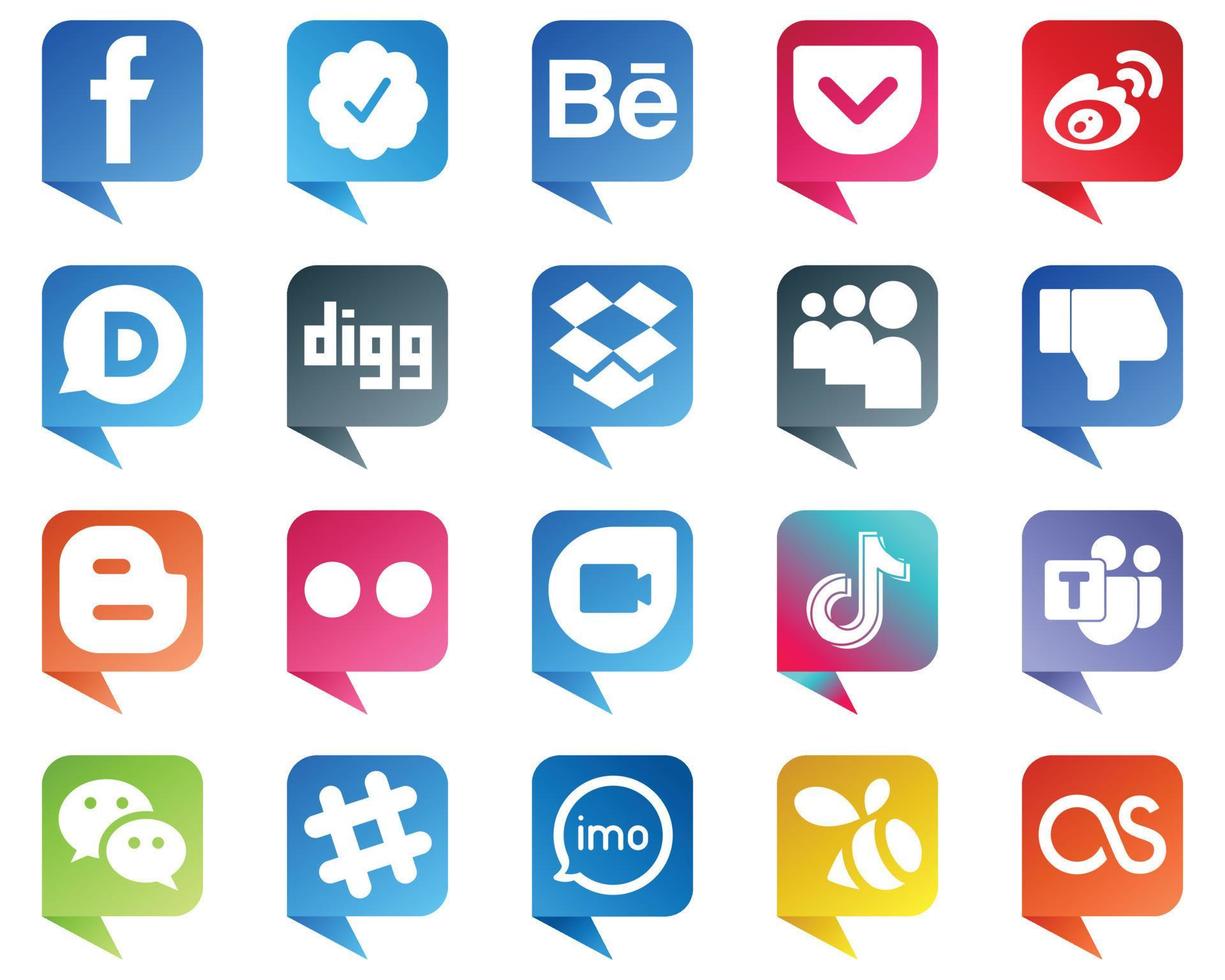 paquete de 20 iconos de marca de medios sociales estilo burbuja de chat, como blog. Facebook. China. No me gusta y los iconos de Dropbox. completamente editable y único vector