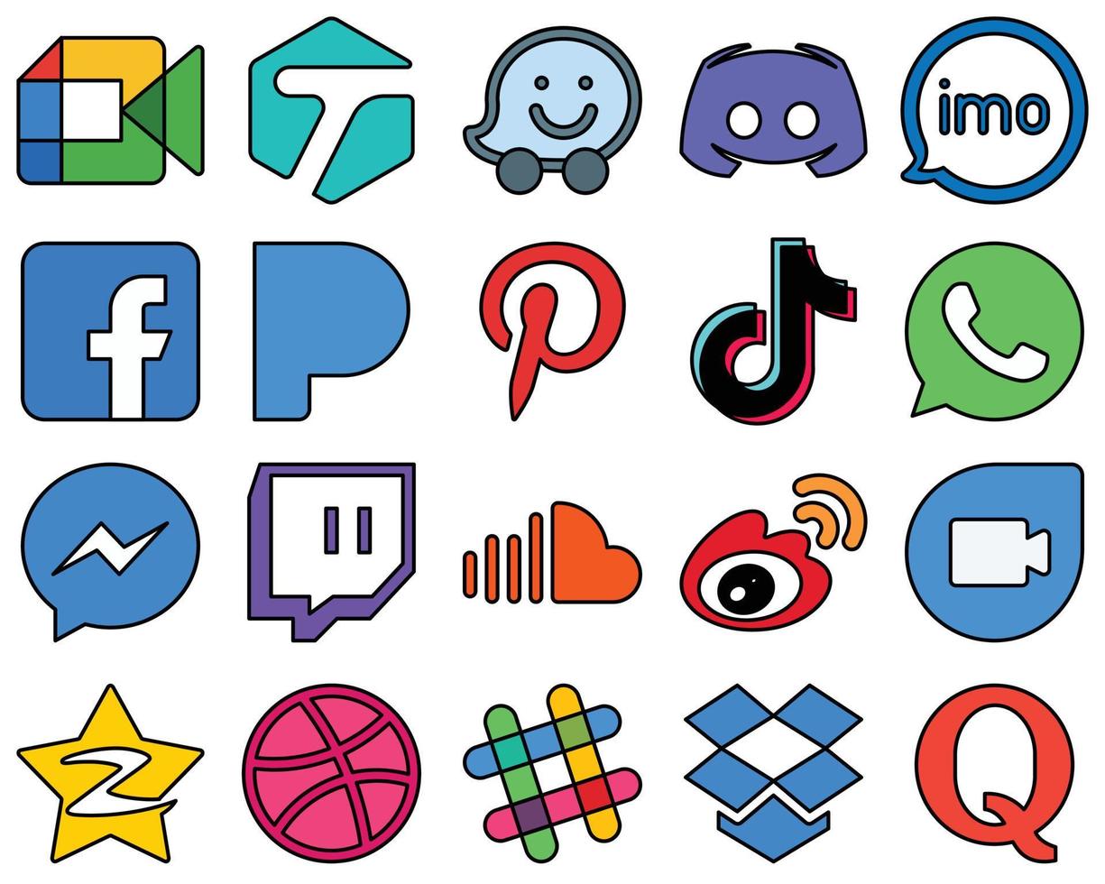 20 íconos de redes sociales llenos de líneas modernas, como pinterest y fb, personalizables y únicos vector