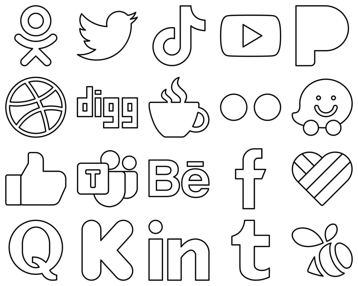 20 Clean and modern Black Line Social Media Icons such as yahoo. youtube. streaming and digg icons. Clean and minimalist vector