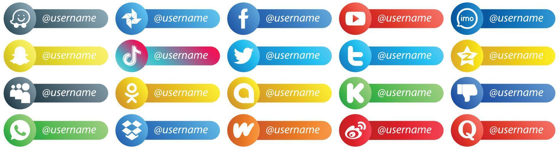 20 High Resolution Follow me Social Network Platform Card Style Icons such as twitter. china. audio. video and tiktok icons. Customizable and unique vector
