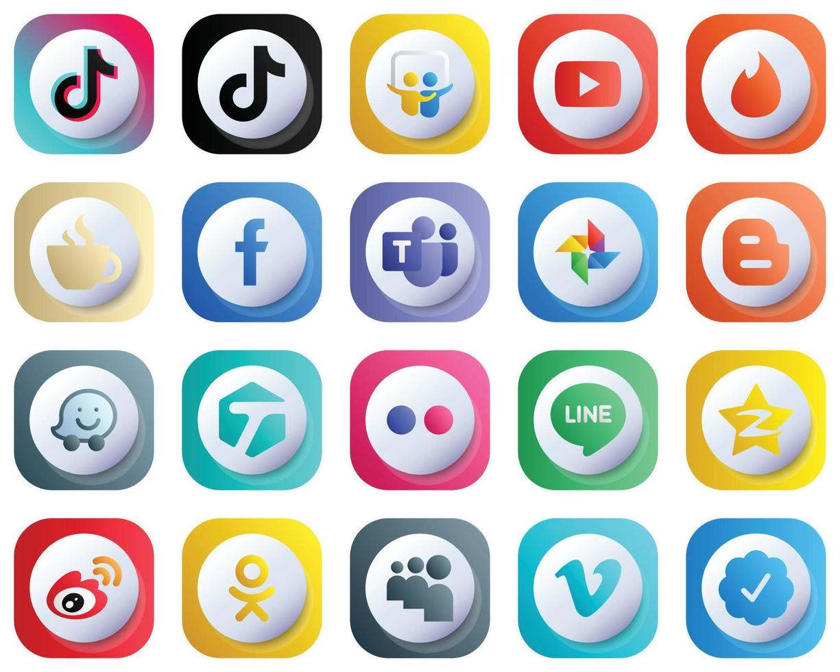 20 lindos íconos de redes sociales degradados en 3D para marcas populares como Google Photo. equipo de Microsoft íconos de yesca y facebook. de alta calidad y elegante vector