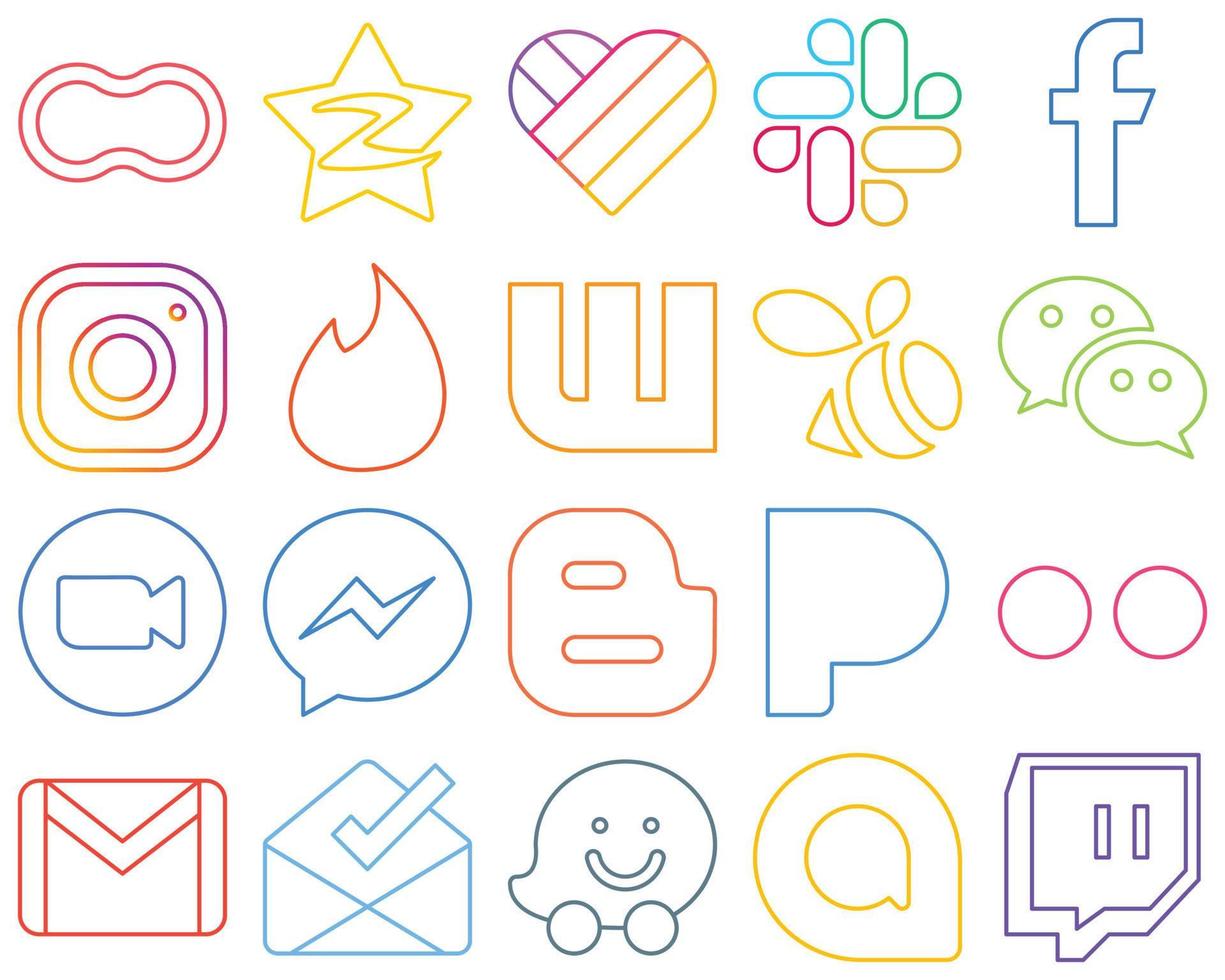 20 High-Resolution Colourful Outline Social Media Icons such as wechat. wattpad. facebook. tinder and meta Fully customizable and high-quality vector