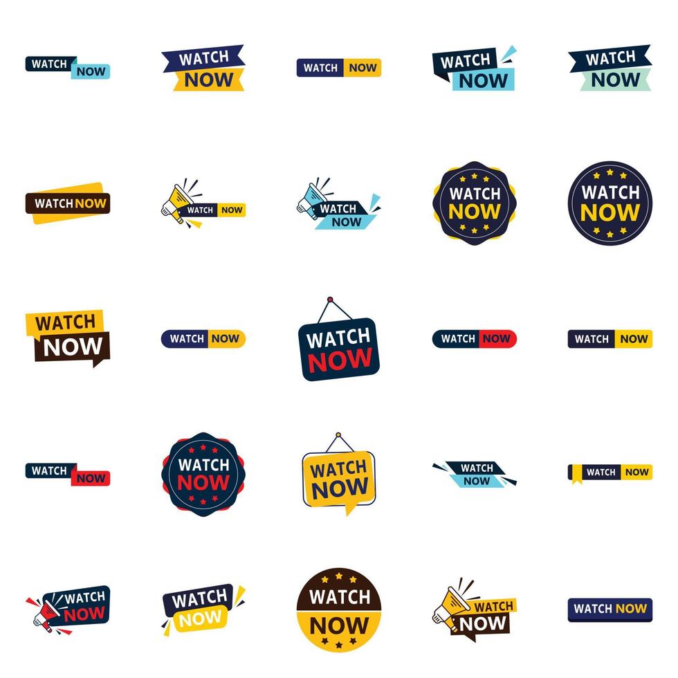 Get Your Customers Excited to Watch with Our Pack of 25 Watch Now Banners vector