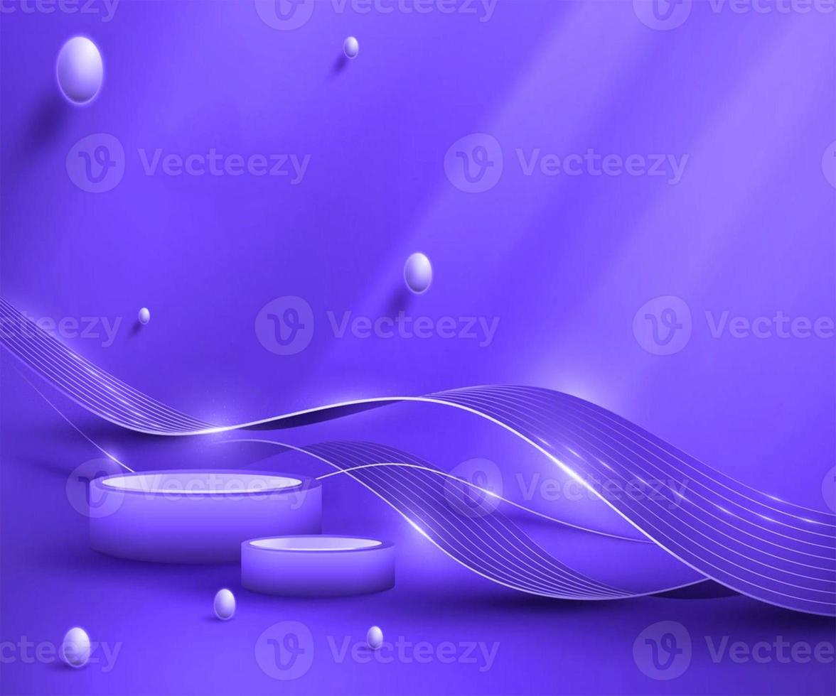 Purple and blue product display podium with blue curve line and ball elements with broken decoration and glitter light effect sparkling photo