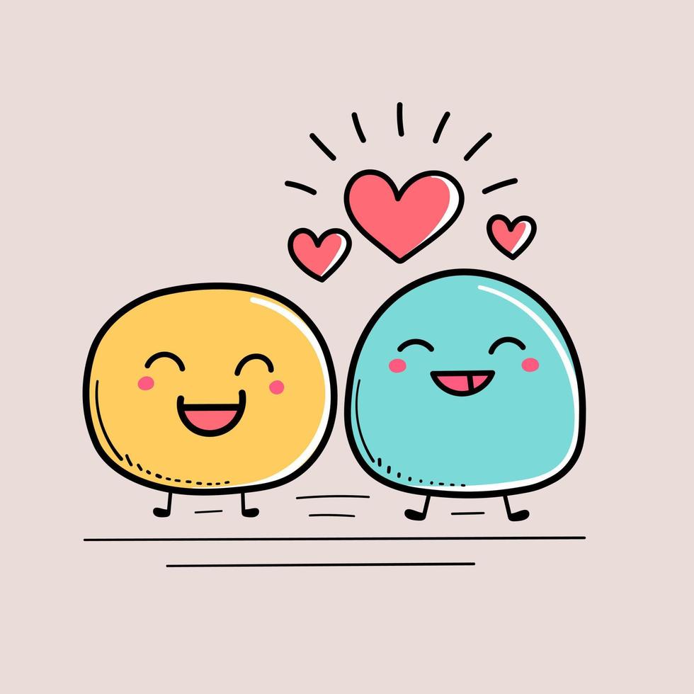 Hand drawn valentines day couple of hearts smiling love doodle drawings valentine kawaii cartoon illustration vector