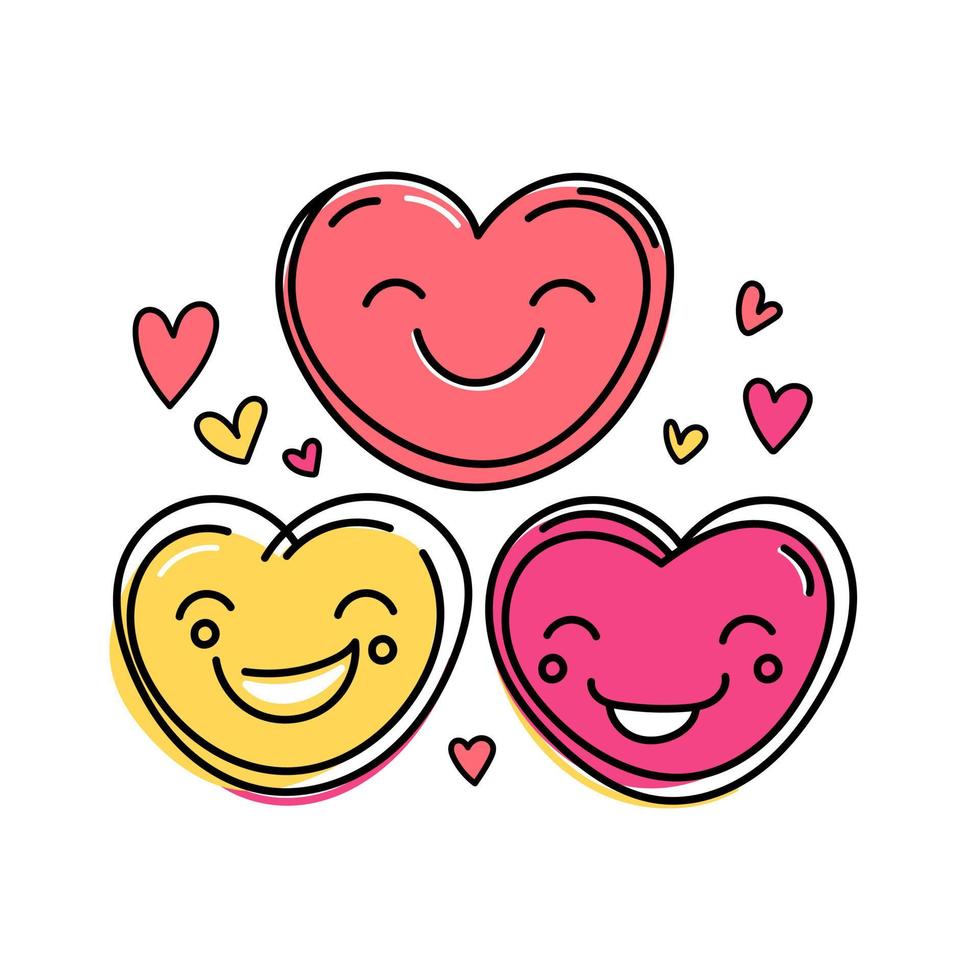 Hand drawn valentines day smiling hearts love set doodle drawings valentine kawaii cartoon illustration vector