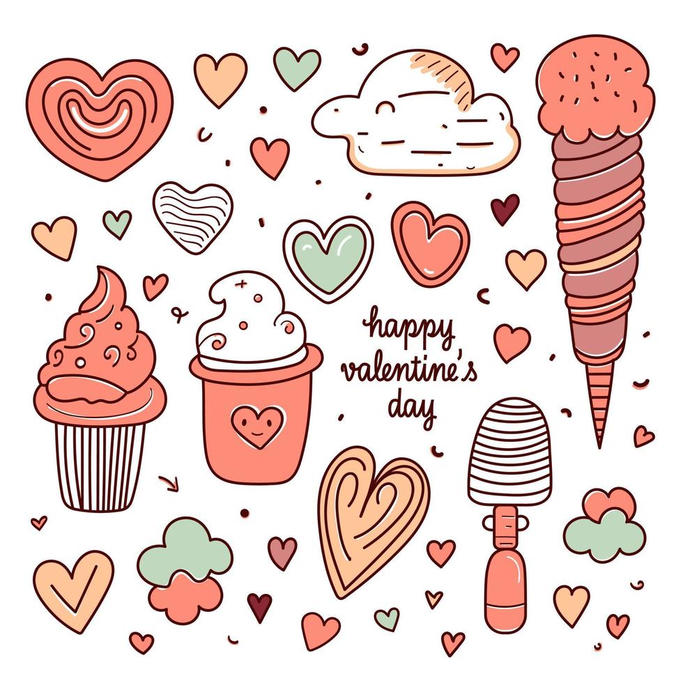 dibujado a mano día de san valentín dibujos de garabatos conjunto de elementos amor romance corazones flores tarjeta de san valentín ilustración vector