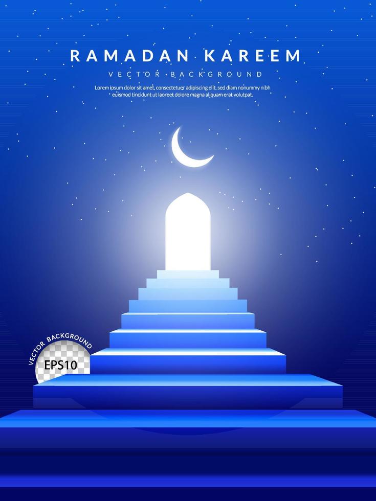 la escalera azul conduce a la puerta de la mezquita en un cielo nocturno lleno de estrellas y una luna, fondo de ramadan kareem. ilustración vectorial vector