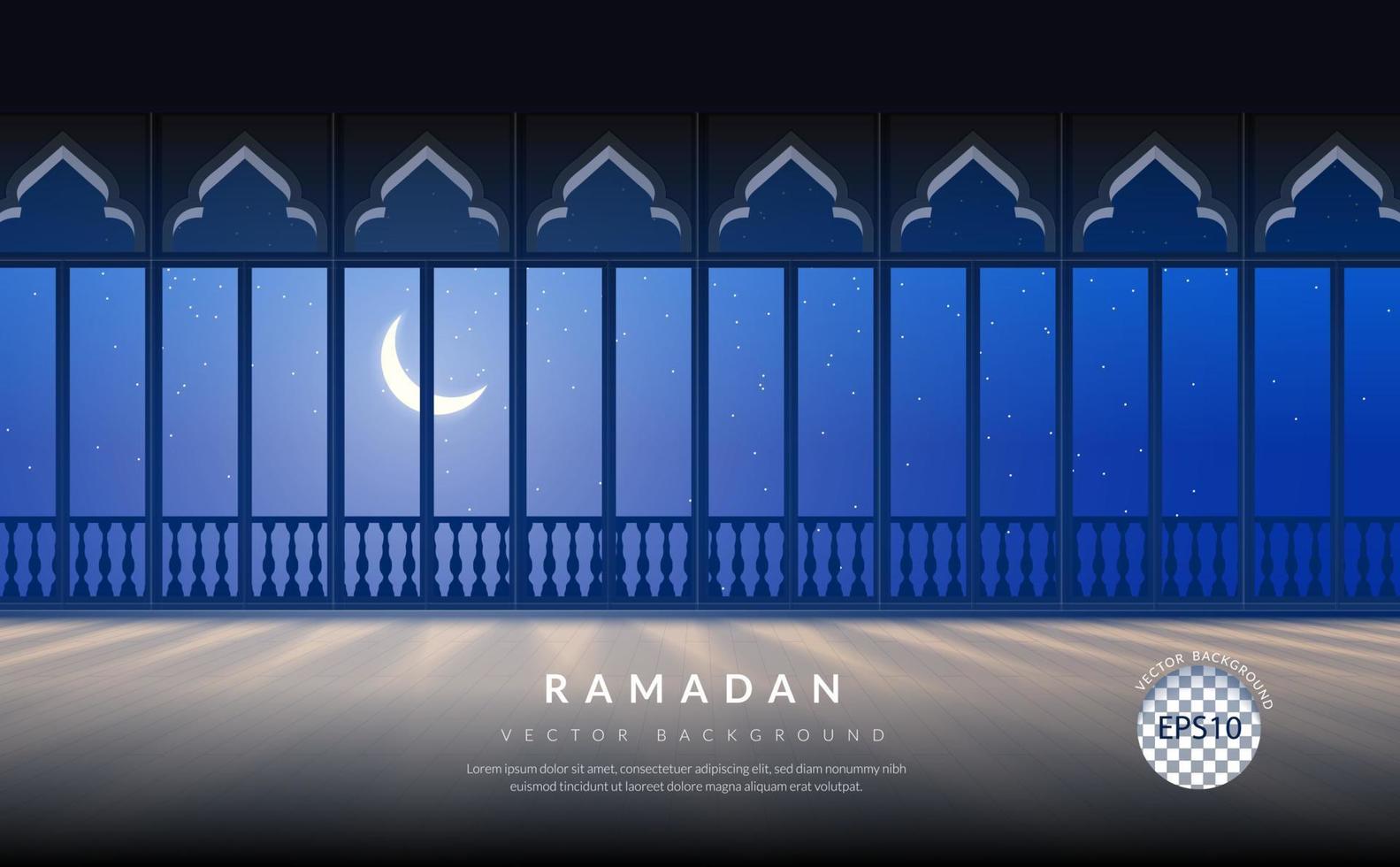 Ramadan Kareem background, islamic interior mosque large windows on a night sky filled with stars and a moon. vector illustration