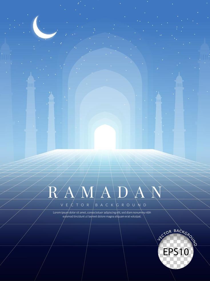 Ramadan background, blue islamic interior mosque door with ceiling a night sky filled with stars and a moon. vector illustration