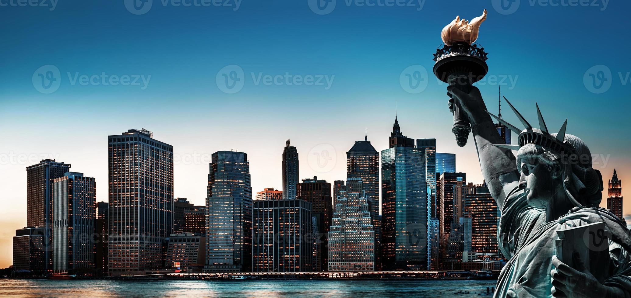 New York City skyline panorama with Statue of Liberty photo