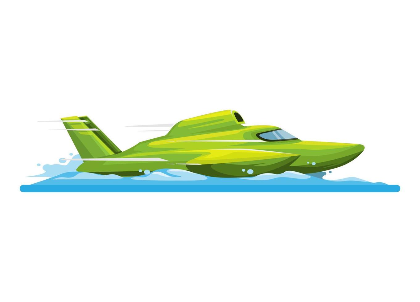 hidroavión barco carreras motos acuáticas vista lateral mascota dibujos animados ilustración vector