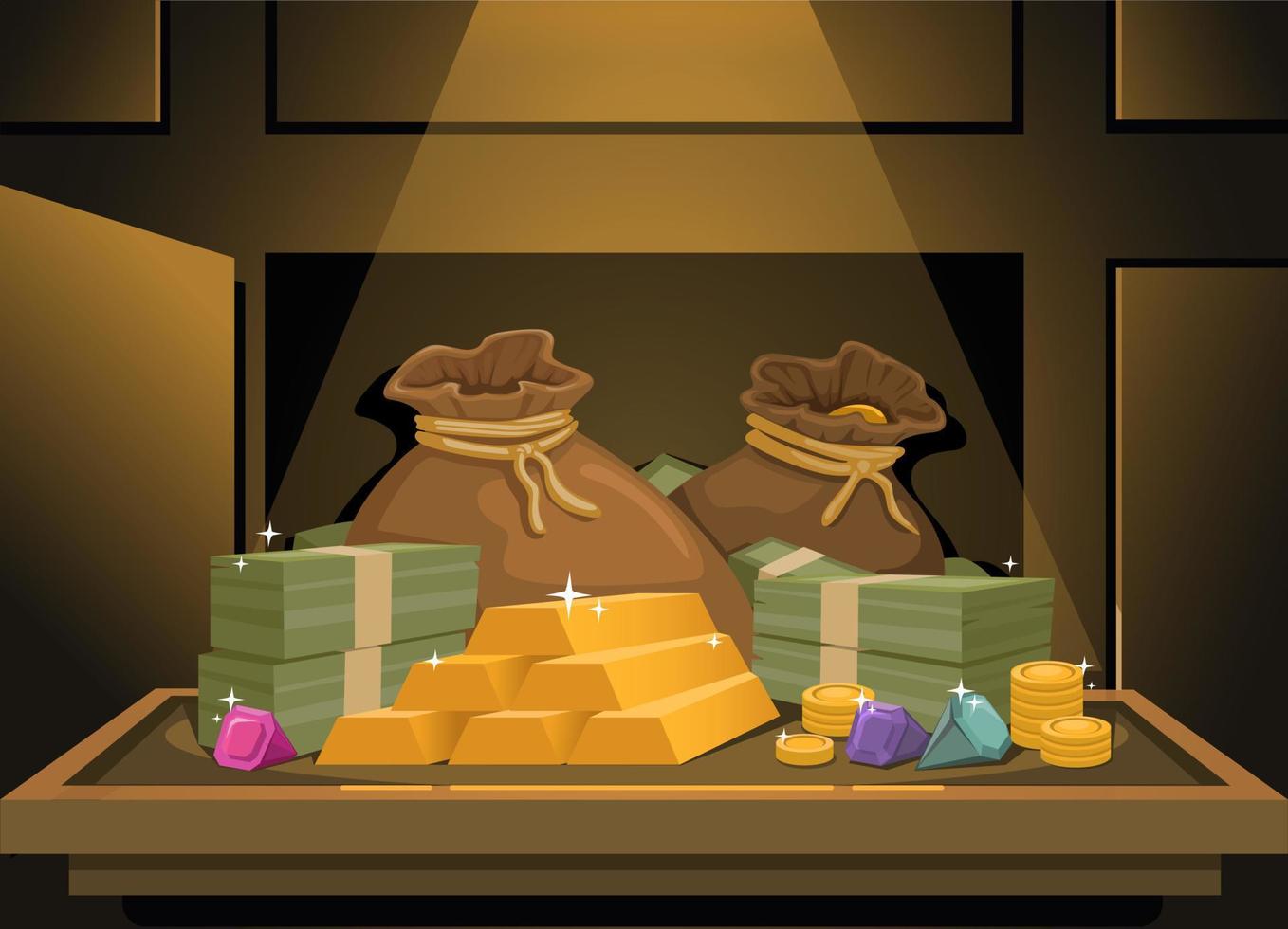 money gold and jewellery in bank locker dark room cartoon illustration vector