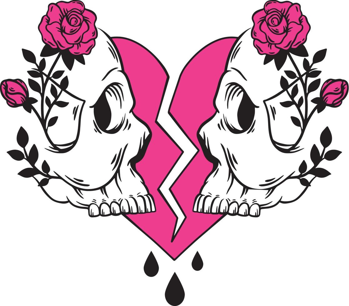 Broken heart and two skulls with roses. Hand drawn emo style design vector