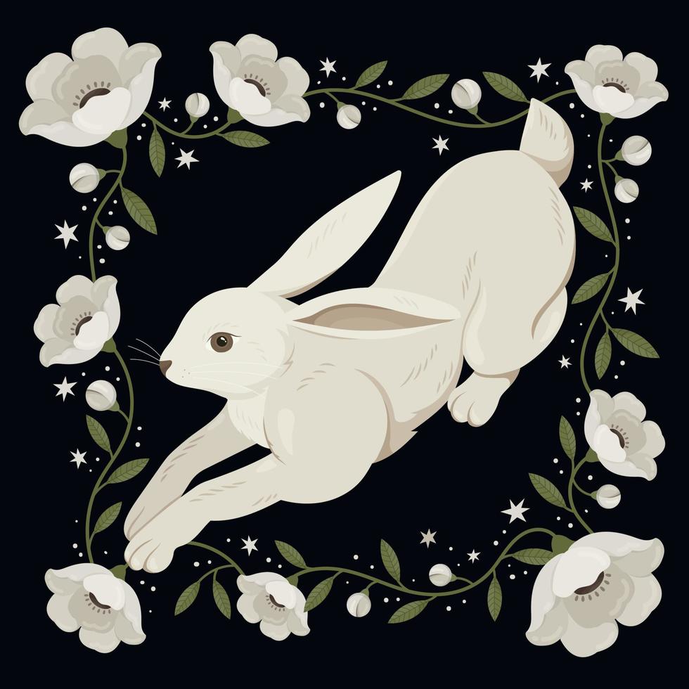 Vector flat illustration white running rabbit on dark background with floral frame