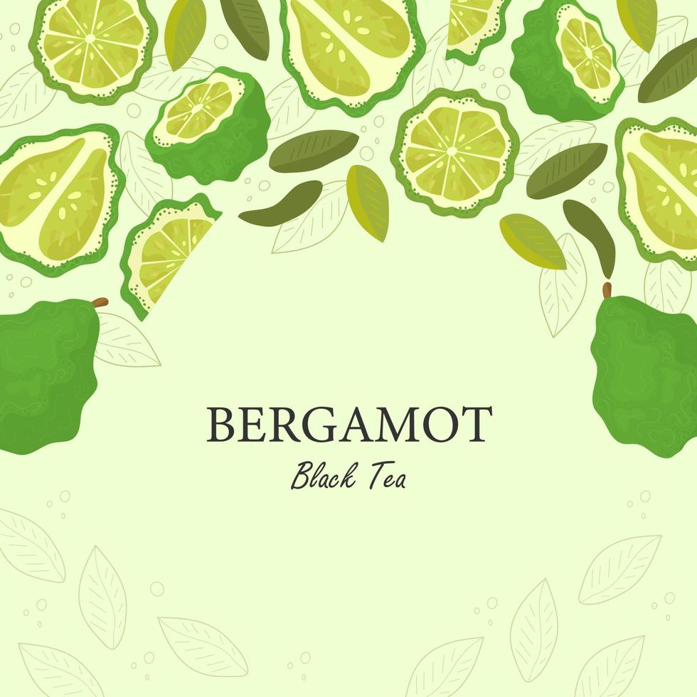 Label for tea with bergamot. Whole and  piece of bergamot and leaf. vector