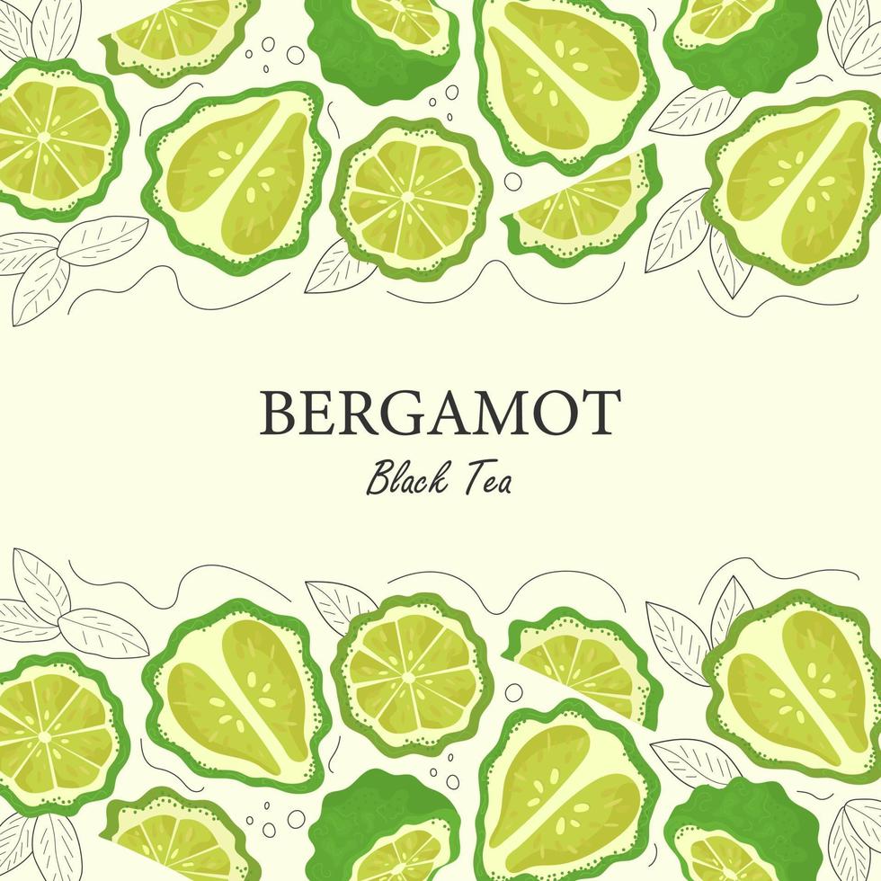 Label for tea with bergamot. Whole and  piece of bergamot and leaf vector