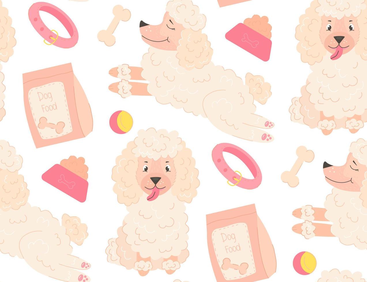 Pattern white poodle  and toys for dogs on white background vector