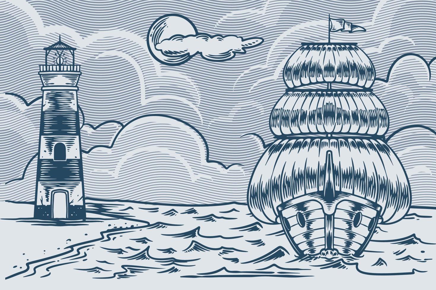 Hand drawing vintage sailboat, lighthouse sea ocean. vector
