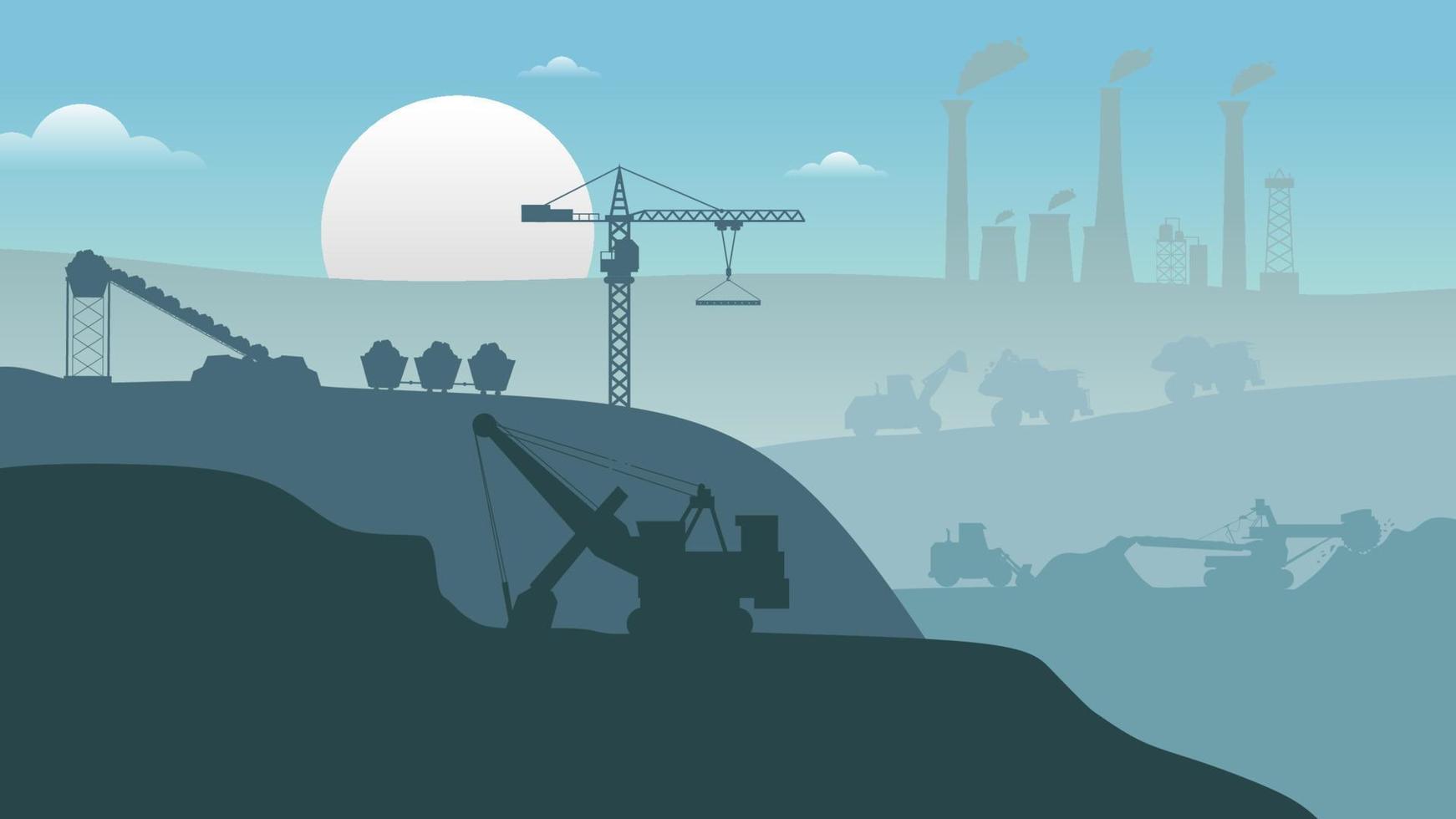 Mining view factory landscape silhouette flat elements background vector
