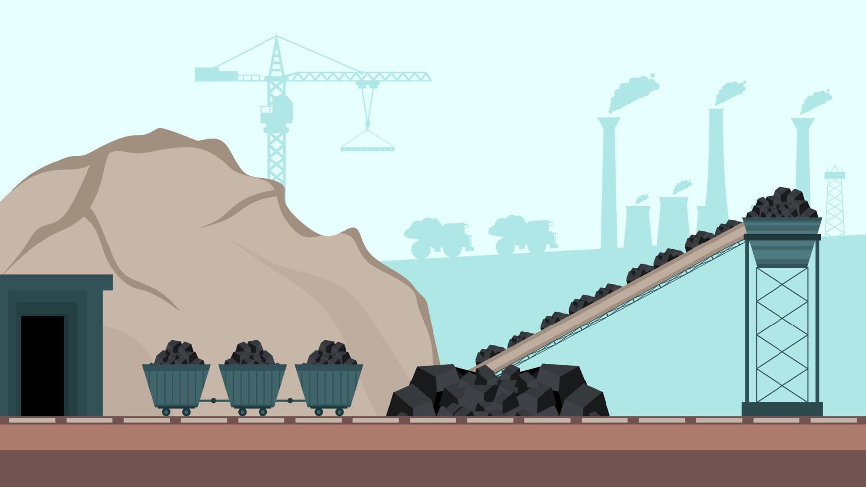 Coal mining industry conveyor and transportation set flat elements vector