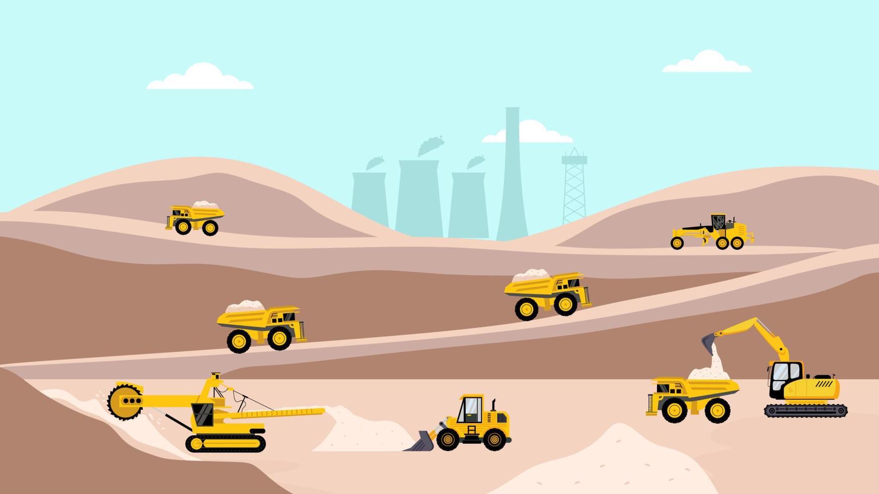 quarry landscape flat elements with mining vehicles vector