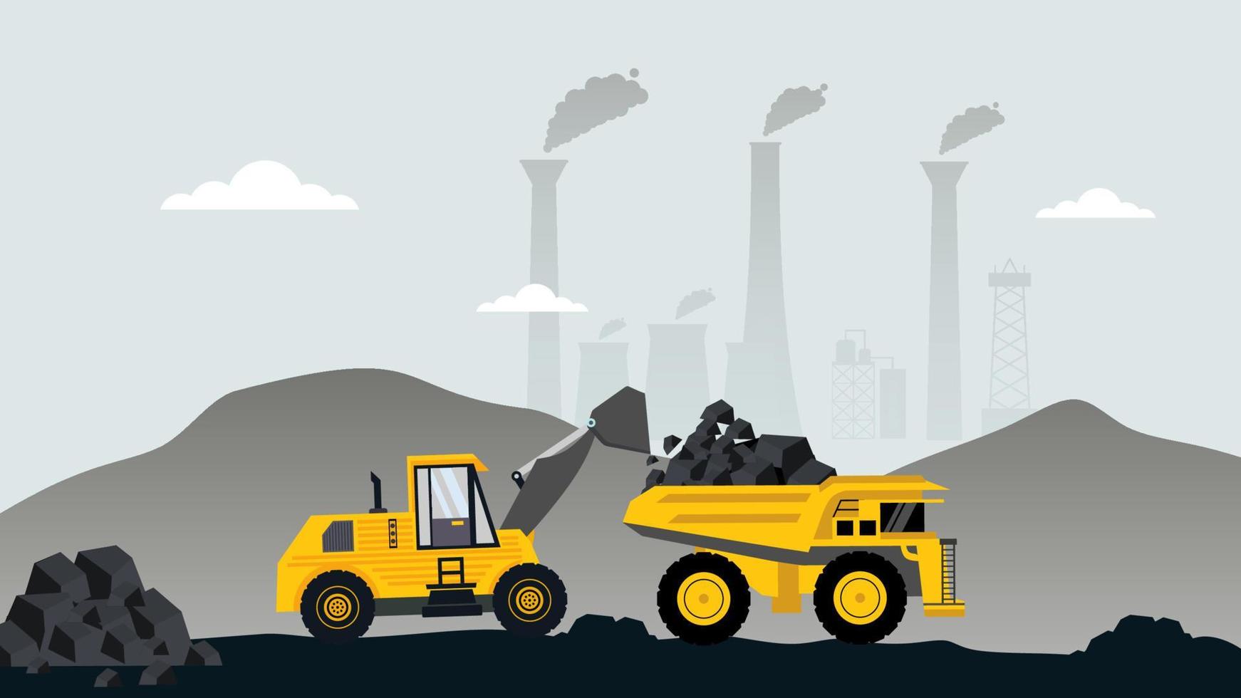 heavy machinery of wheeled excavator filling with coal on a truck. vector