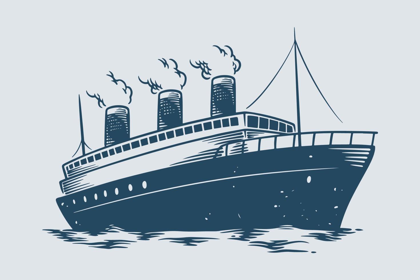 Hand drawing vintage steam boat trans atlantic ocean theme. vector