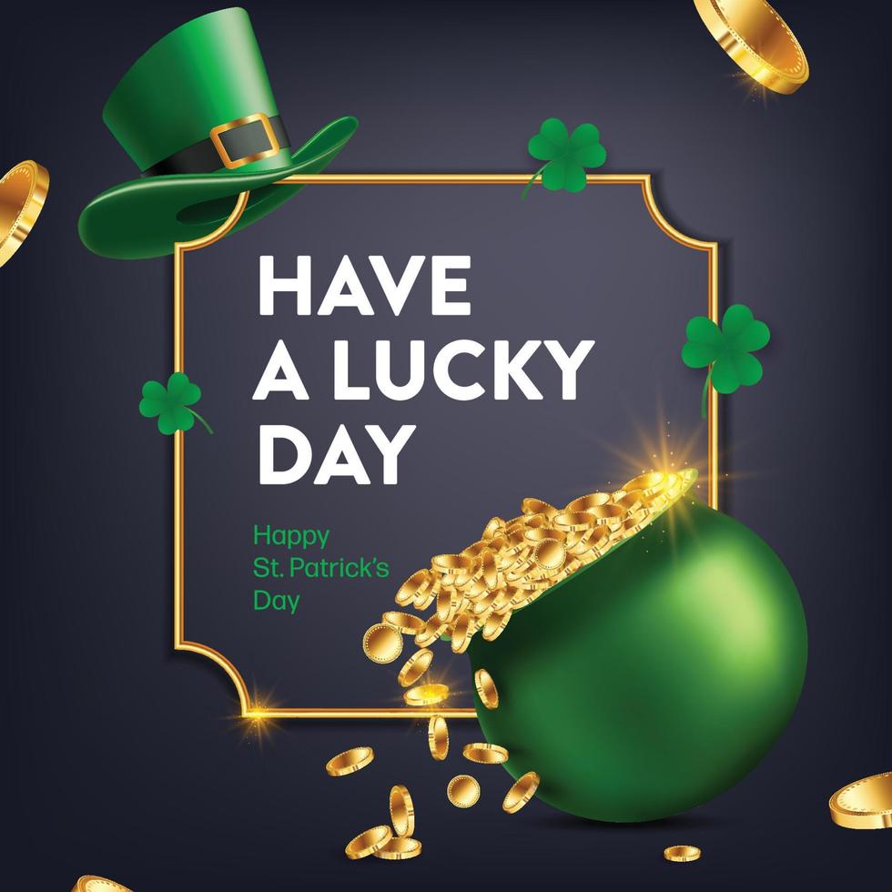 St. Patrick's Day. The symbols of the holiday are a pot of money and a green leprechaun hat with gold coins and the shamrock vector