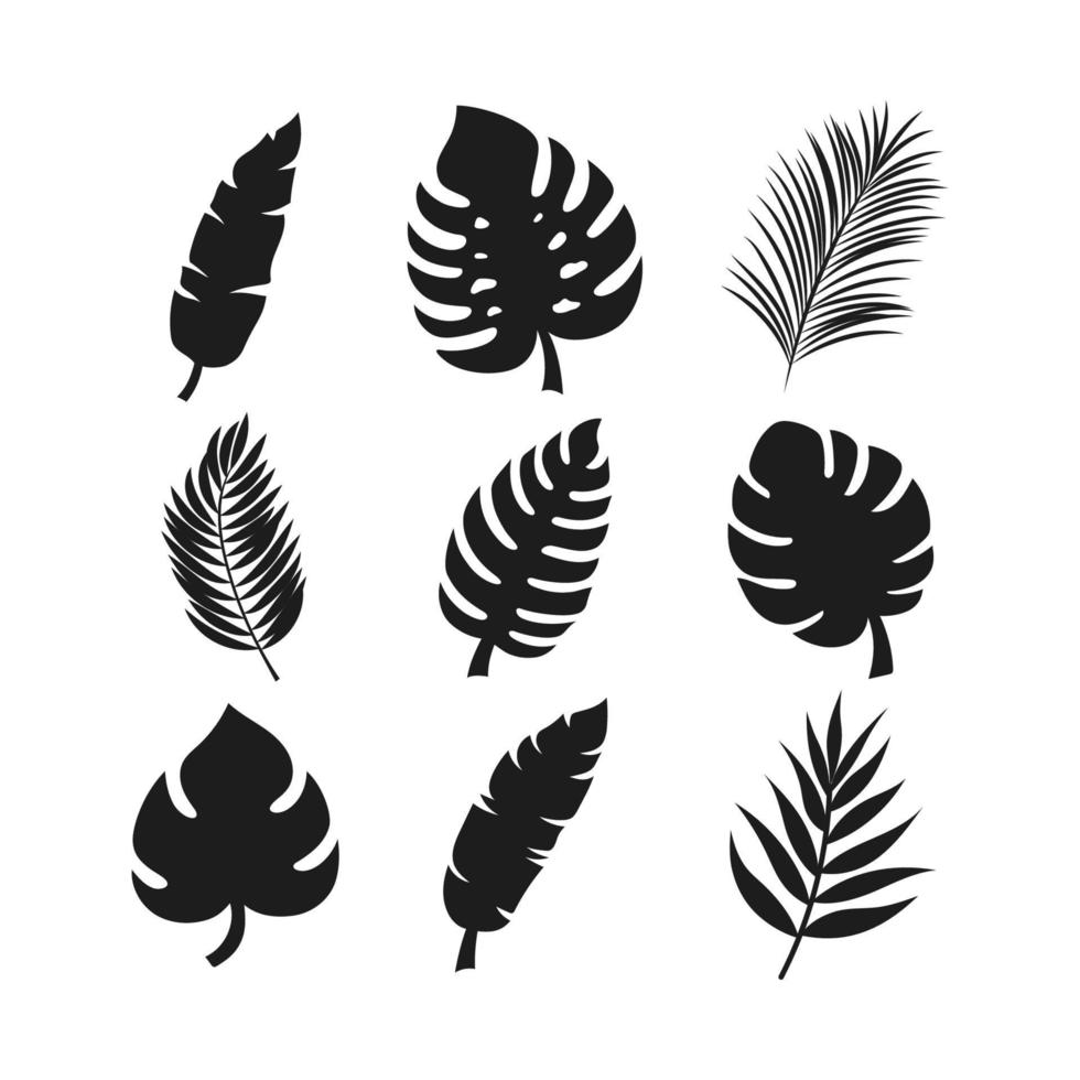 set of dark tropical leaves silhouette vector illustration