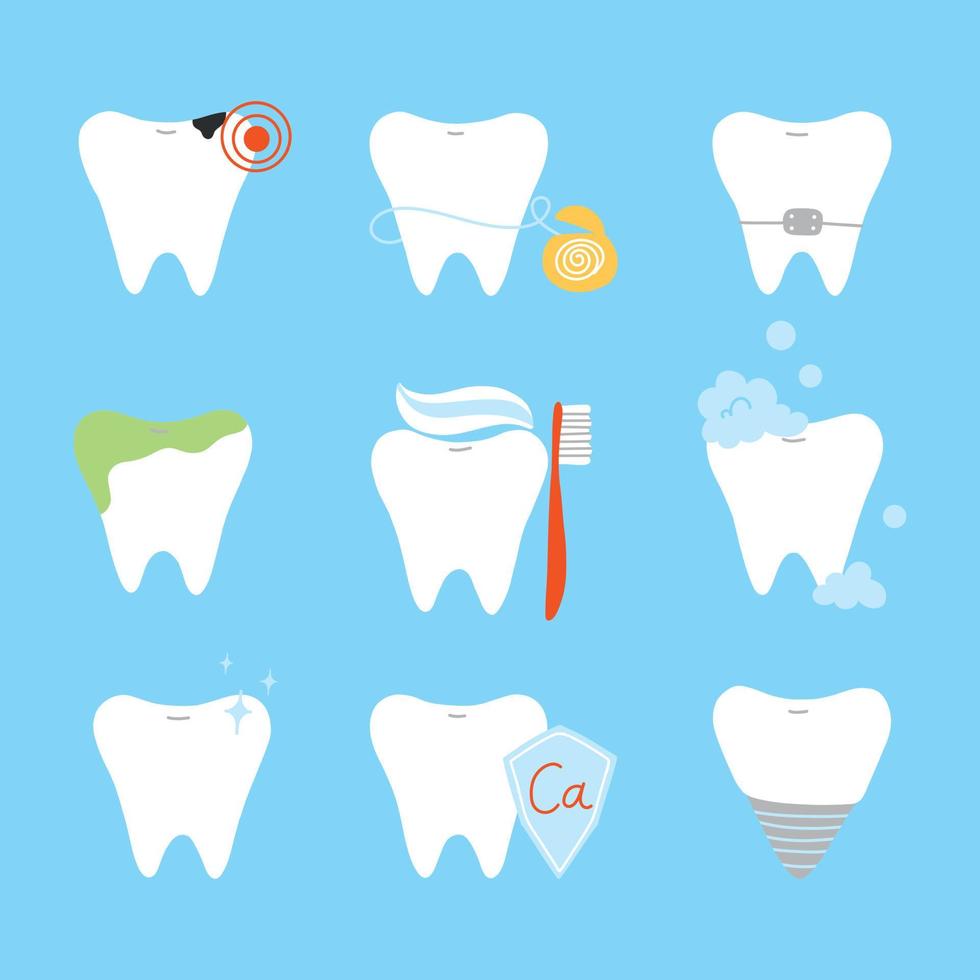 Teeth flat icons set. Collection of teeth. Vector illustration. Sick tooth, clean tooth, calcium.