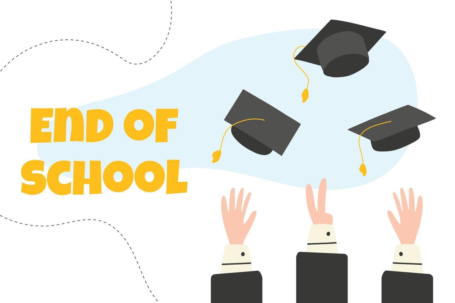 Lettering Graduate 2023. Class of 2023. End of school or last day of school. Caps of graduates fly into the sky.Vector illustration. Flat cartoon style. vector