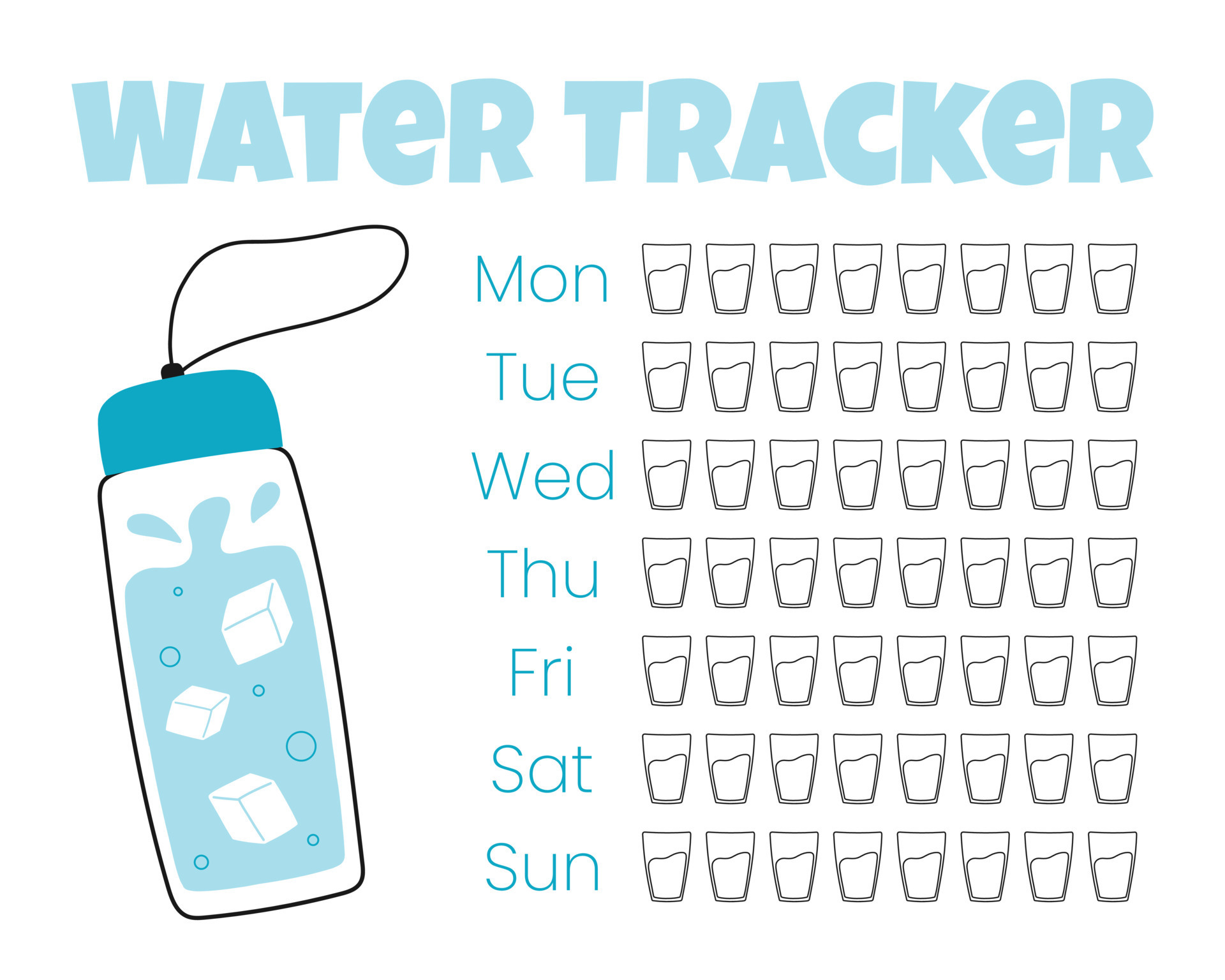 Water tracker vector template. . drinking water checklist. Water tracker with cool water bottle