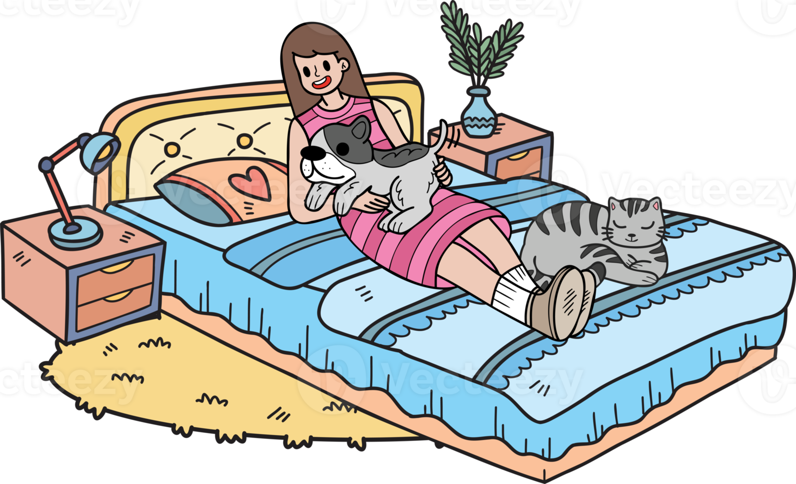 le propriétaire dessiné à la main dort avec le chien et le chat dans l'illustration de la chambre dans un style doodle png