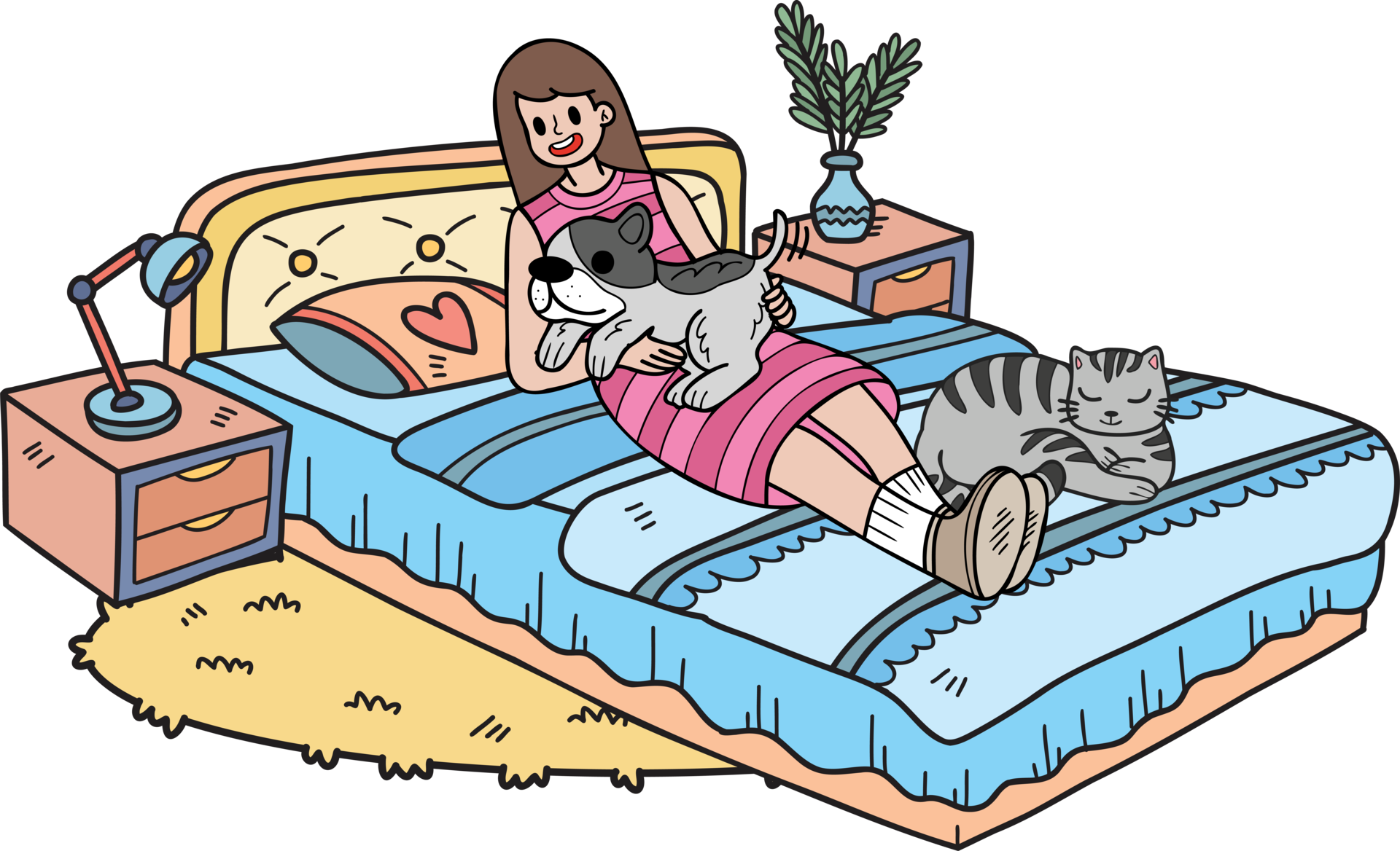 Hand Drawn Owner Is Sleeping With The Dog And Cat In The Room hand-drawn-owner-is-sleeping-with-the-dog-and-cat-in-the-room