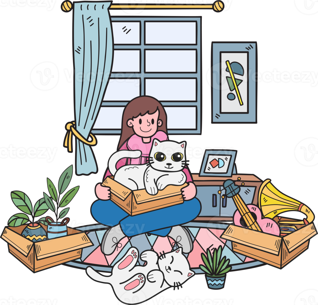 Hand Drawn Owner with cat and gift in the room illustration in doodle style png