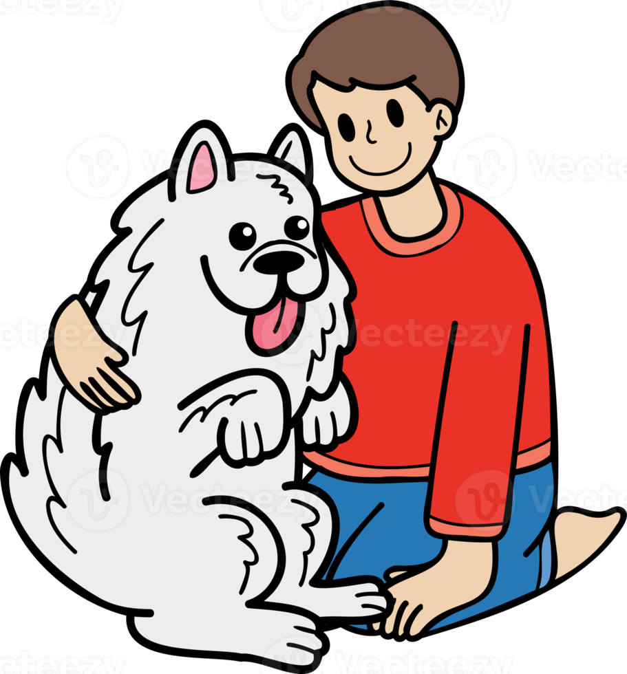 el dueño dibujado a mano abraza la ilustración del perro samoyedo en estilo garabato png