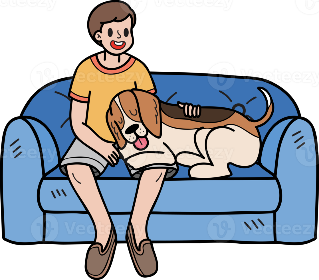 perro beagle dibujado a mano con dueño e ilustración de sofá en estilo garabato png