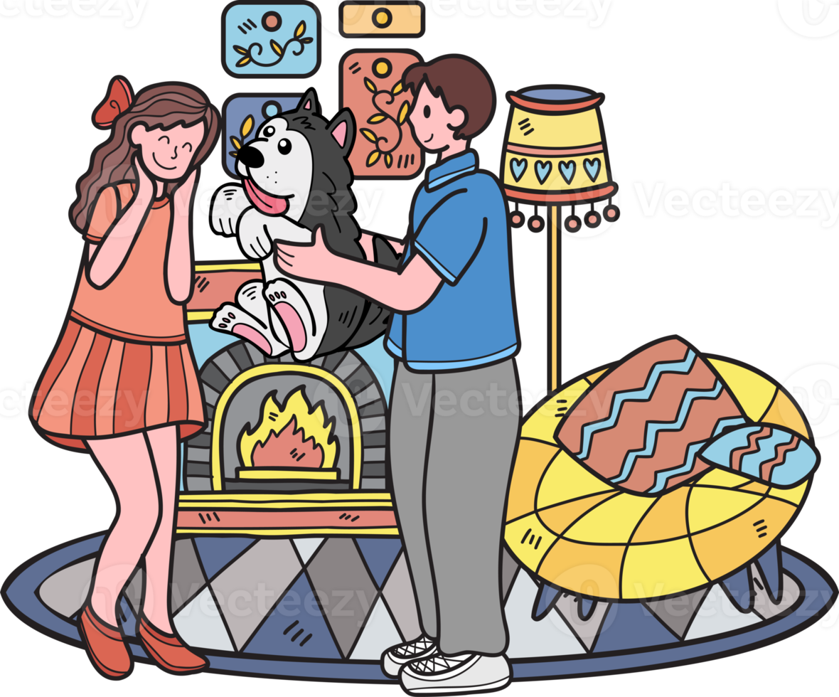 Hand Drawn Man giving a dog to a woman as a gift illustration in doodle style png
