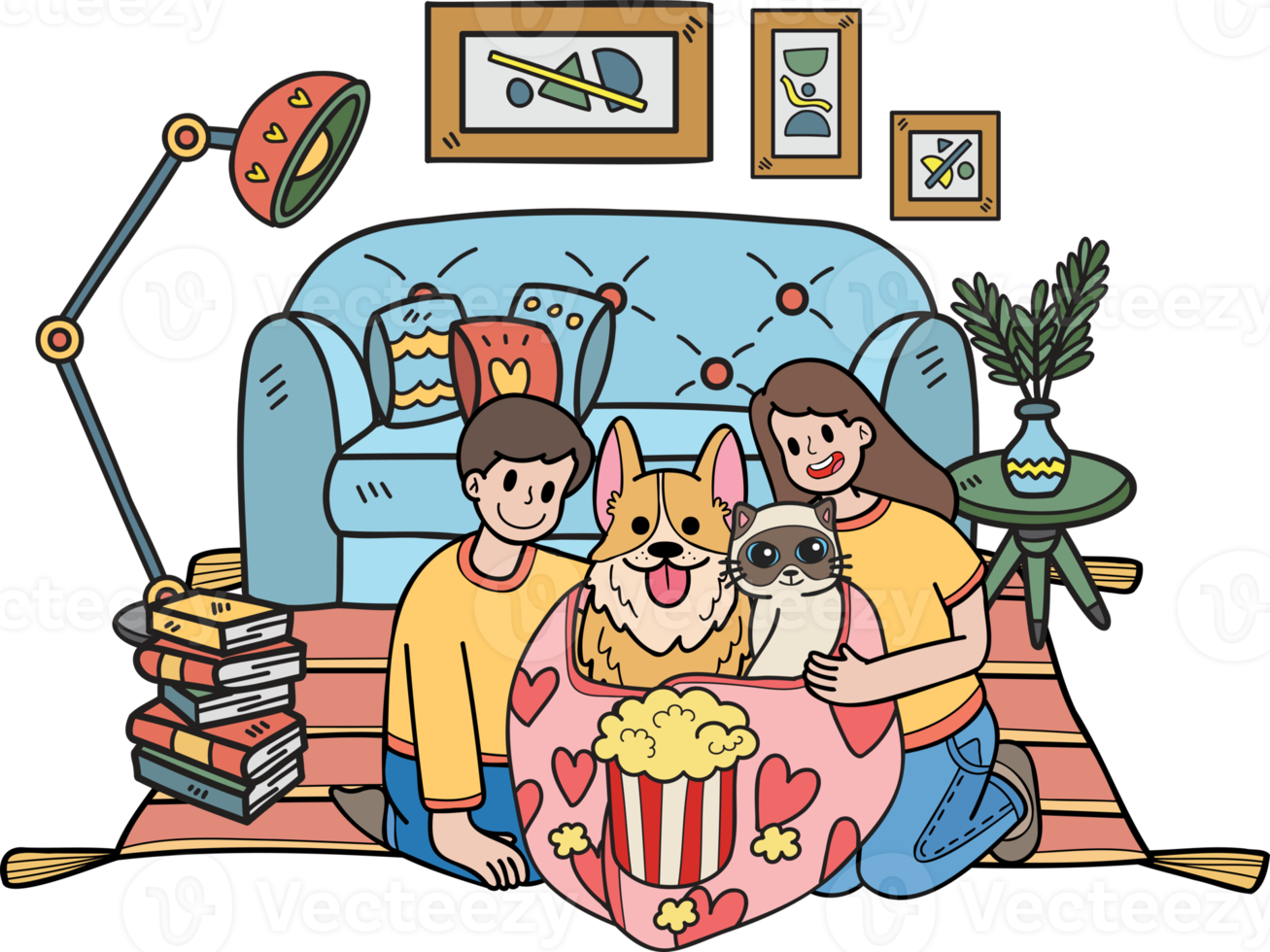 Hand Drawn owners are watching movies in blankets with dogs and cats illustration in doodle style png