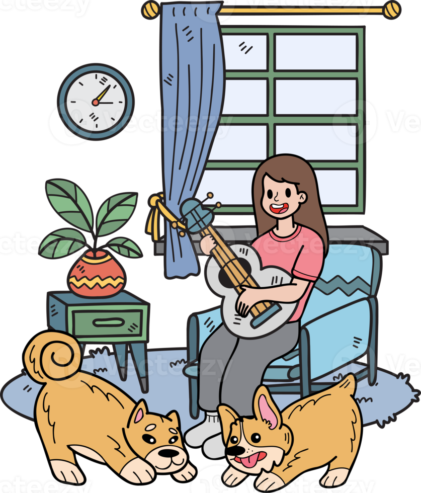 hand- getrokken de eigenaar Toneelstukken gitaar met de hond in de kamer illustratie in tekening stijl png