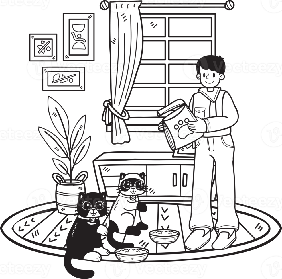 handgezeichnet füttert der besitzer die katzen in der raumillustration im gekritzelstil png