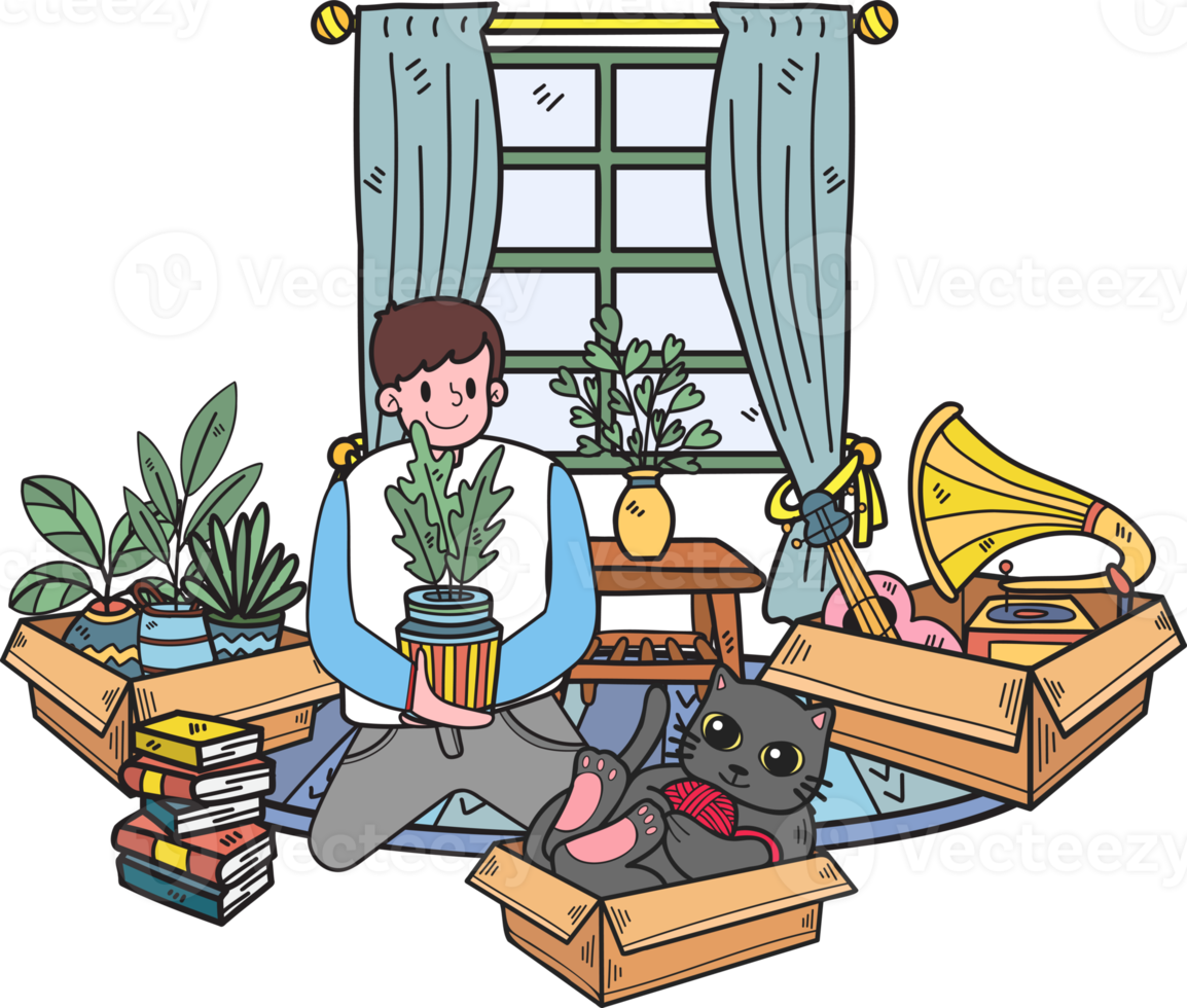 Hand Drawn The owner arranges a new house with cats illustration in doodle style png