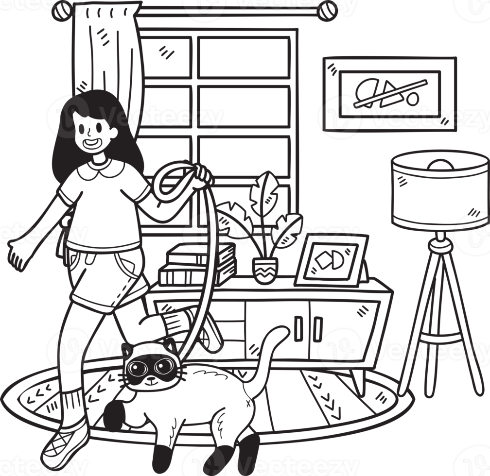 hand- getrokken de eigenaar wandelingen met de kat in de kamer illustratie in tekening stijl png