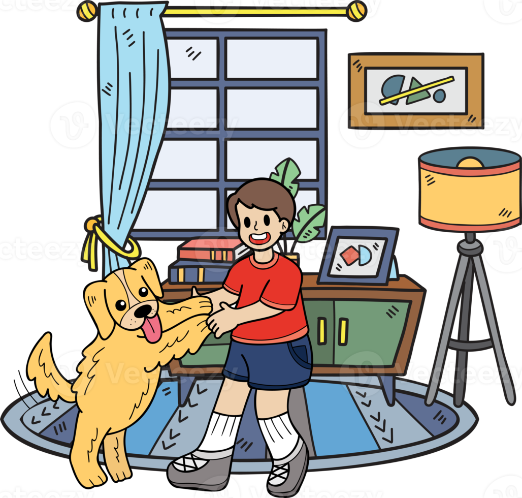 Hand Drawn The owner plays with the dog in the room illustration in doodle style png