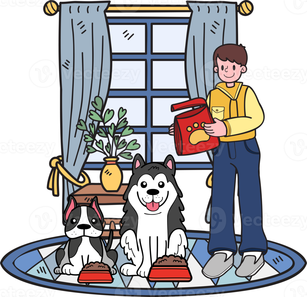 Hand Drawn male owner Feeding the dog in the room illustration in doodle style png